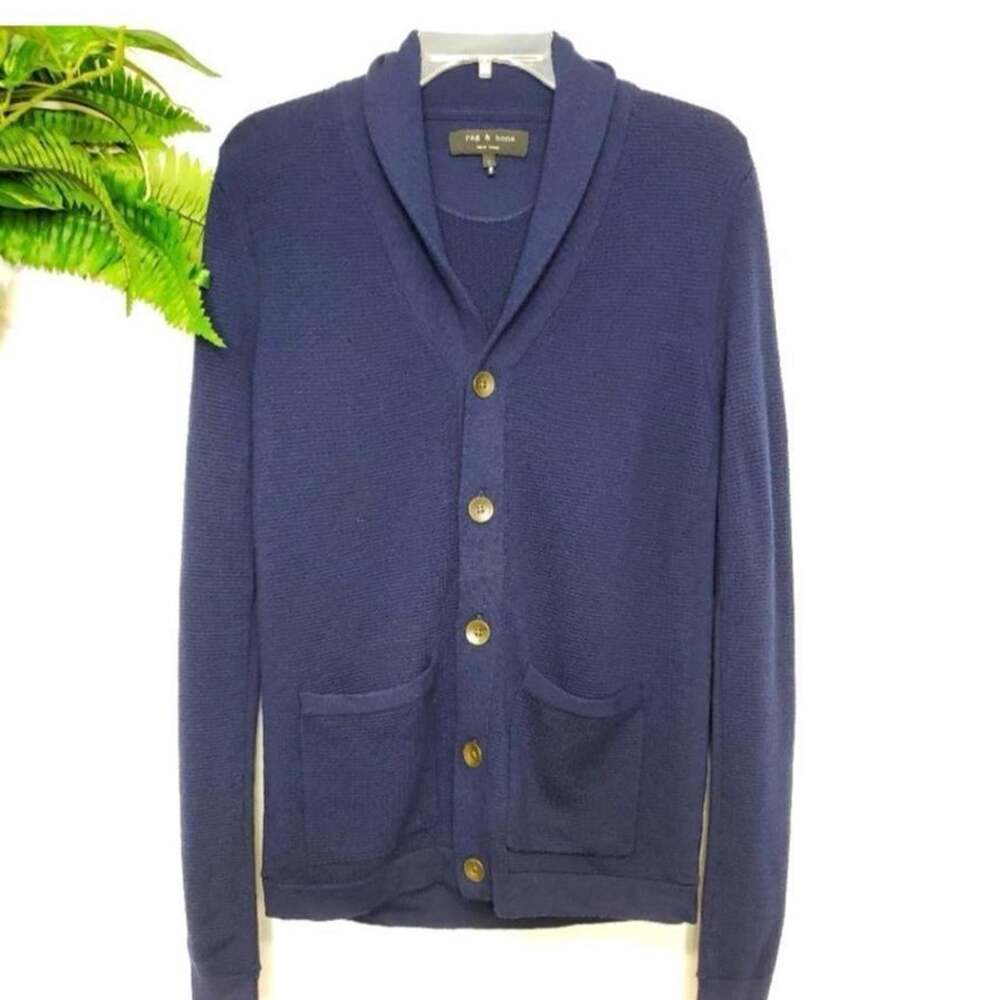 Navy Rag & Bone Avery Shawl Collar Knit Cardigan 100% Merino Wool